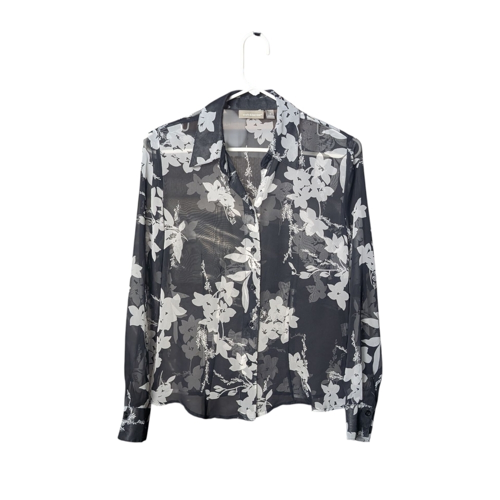 Croft & Barrow Women's S Floral Sheer Button-Up Blouse Black White Lightweight
